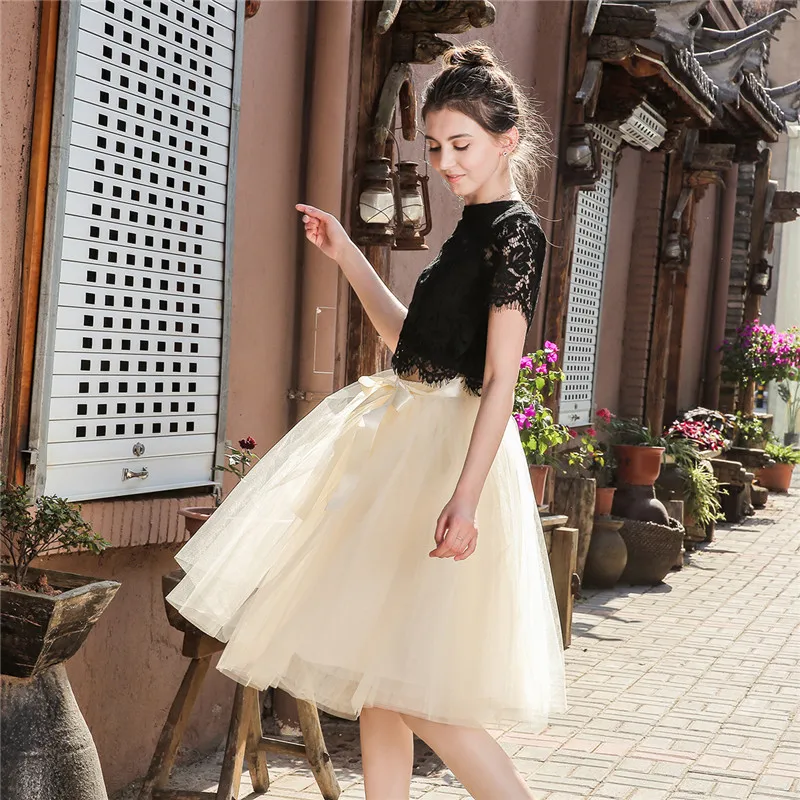 5 Layer 65cm Knee Length Tulle Skirt Elegant Pleated Tutu Skirts Womens Vintage Lolita Petticoat faldas mujer Saia Jupe black pencil skirt