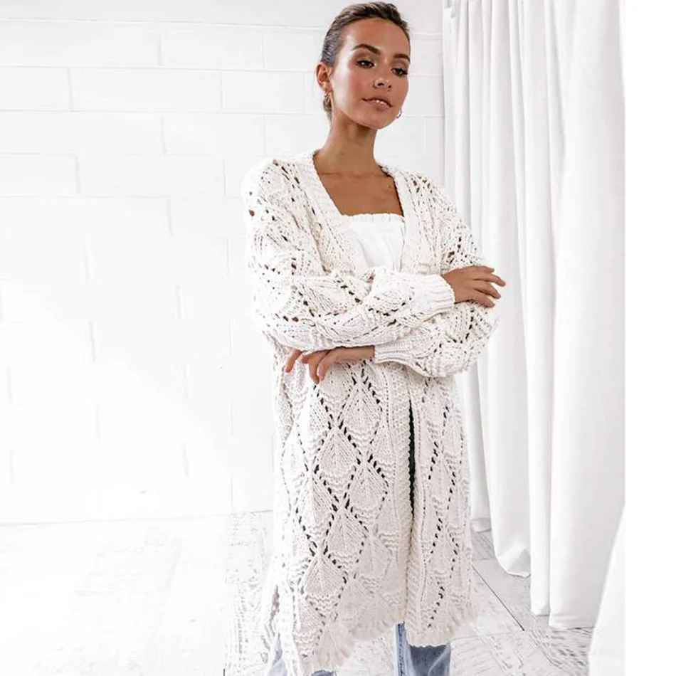 Fashion Knitted Hollow Out Cardigan Women Solid Oversized Long Overcoat Streetwear Autumn Blusas De Inverno Feminina |