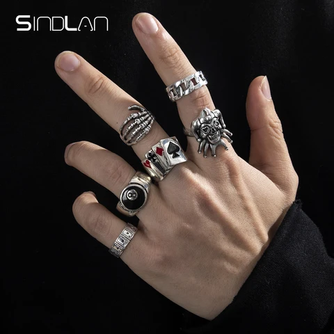 6Pcs Punk Poker Joker Silver Color Rings for Men Goth Skeleton Billiards Set Couple Emo Fashion Jewelry Anillos Hombre