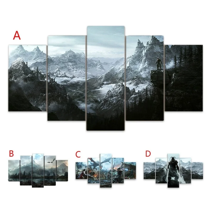 5 Piece Video Game  Skyrim Dragon  Posters and HD Prints Landscape Pictures Canvas Painting for Living Room Wall Art Home Decor (4)