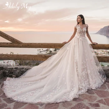

Adoly Mey Romantic Scoop Neck Cap Sleeve A-Line Wedding Dresses 2020 Gorgeous Flowers Appliques Chapel Train Vintage Bridal Gown