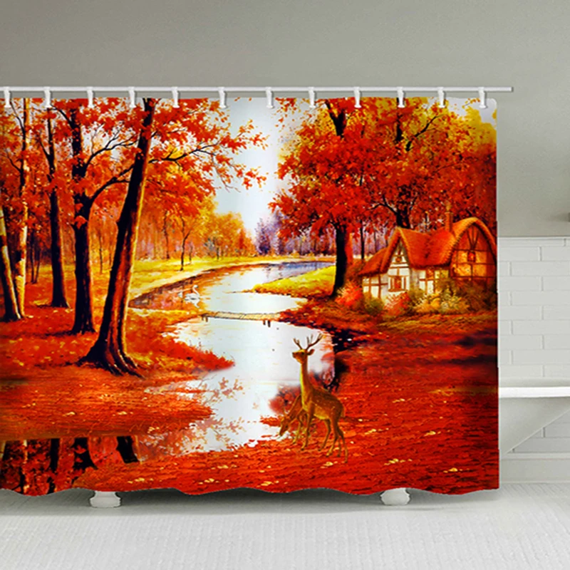 

Trees 3d Printed Autumn Forest House Fawn In Fairy Tale Shower Curtain Pattern Bathroom Shower Waterproof Mildewproof Decor