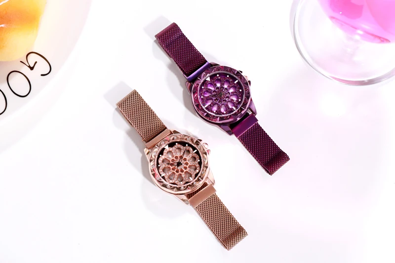 KINGNUOS New high-end fashion stainless steel mesh strap watch rotatable dial waterproof women's bracelet watch