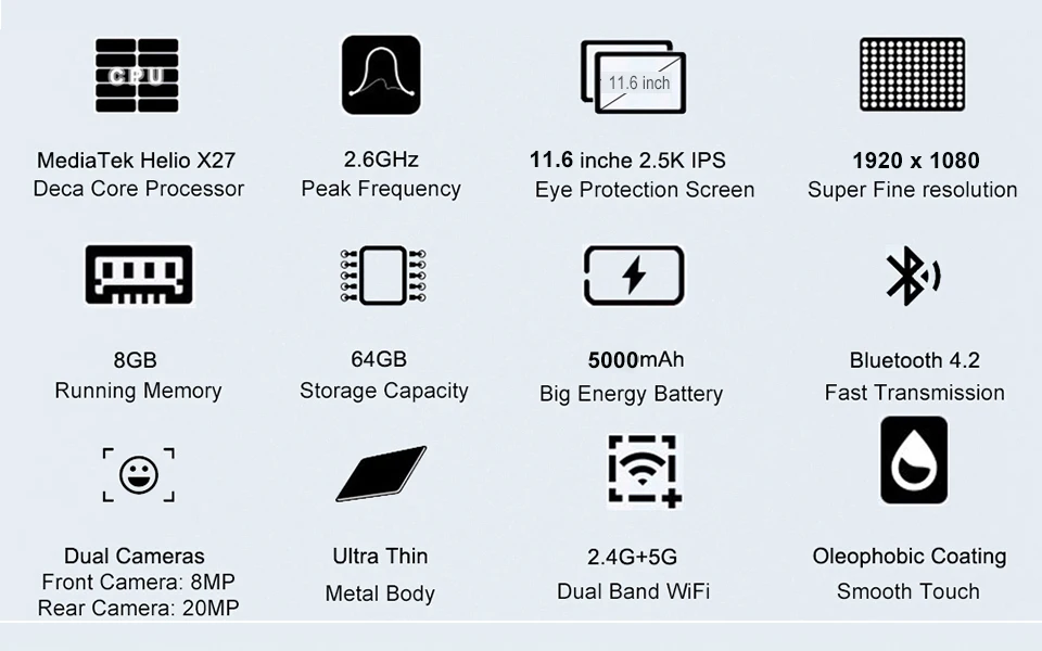 8 ГБ ОЗУ, 64 Гб ПЗУ, Helio X27 Deca Core, Android 8,1, планшетный ПК, 11,6 дюймов, две sim-карты, 4G, LTE, ультра тонкий планшет