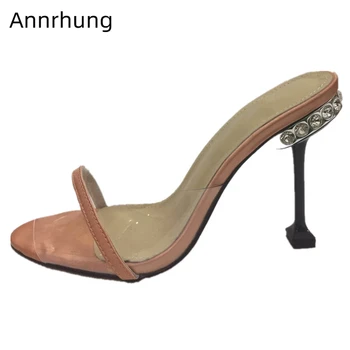 

One Strap Satin Slippers Women Rhinestone Goblet Heel Sexy Peep Toe Clear PVC Patchwork Slides Fashion Outwear Shoes Woman
