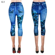 Женские укороченные эластичные леггинсы с высокой талией, поддельные джинсы, Капри, Ретро стиль, стирающиеся цветные бабочки, деним, принт размера плюс XS-3XL