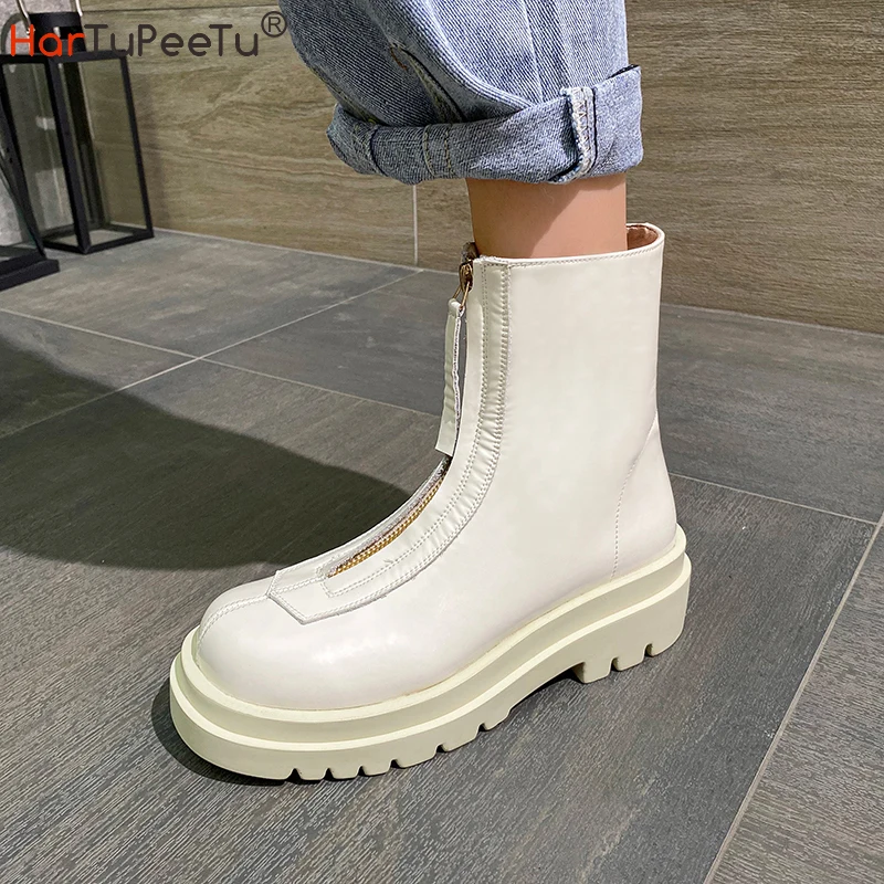 

Women Ankle Boots 2023 Female Short Booties Flat with Elevated Platform Shoes Front Zipper Concise HQ Cow Leather Four Seasons