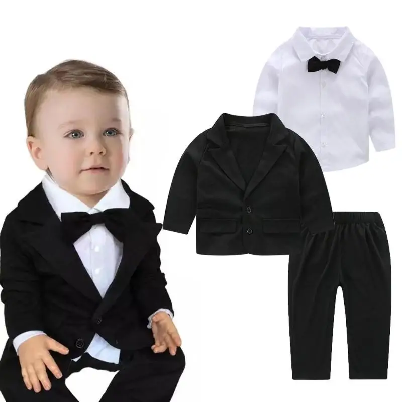 3 шт./компл. Одежда для малышей Комплект для маленьких мальчиков Одежда для джентльмена, костюм, рубашка с галстуком-бабочкой и отложным воротничком брюки вечерние официальные топы, штаны детская одежда