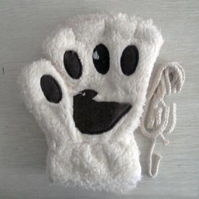 Women Cute Cat Claw Paw Plush Mittens Warm Soft Plush Short Fingerless Fluffy Bear Cat Gloves Costume Half Finger Black Beige - Цвет: H