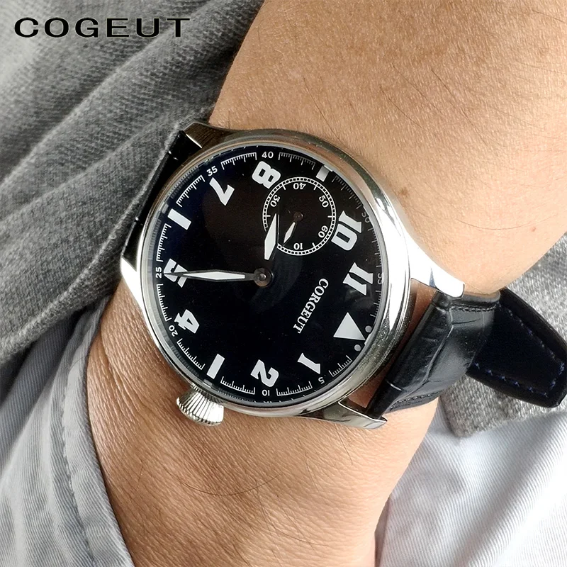 

Corgeut 44mm Pilot Black Dial Hand Winding Watch ST3600 Movement 6497 Fashion Leather Luminous mens Mechanical Wrist watch