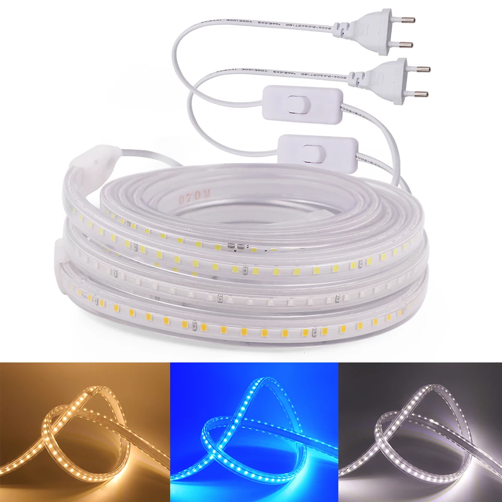 

220V 2835 LED Strip Light 120Leds/m Flexible Tape Ribbon Waterproof Stripe Light Diode Tape with EU Switch Plug for Home Decor