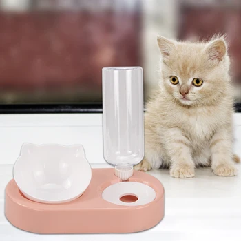 

Pet Automatic Feeder Cat Food Double Bowl Dish Kitten Food Feeding Bowls Dual-purpose Pet Bowl with 500ml Water Dispenser Bottle