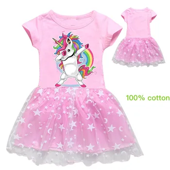 

2020 Vestido Unicornio Dress Girls Mesh Lace Tutu Dresses Girl Cute Cotton Rainbow Horse Kids Clothes Summer