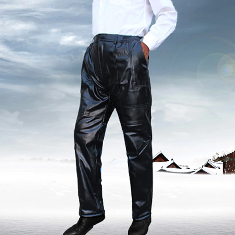 

Men Leather Trousers Warm Pants Thickened Fur Lining Winter Outdoor Motorcycle Windproof Waterproof Pants