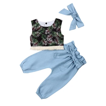 

Lovely Toddler Baby Kids Girl 3Pcs Vest Ruffle Printed Tassel Tops Bloomers Pants Headband Outfit New Fashion