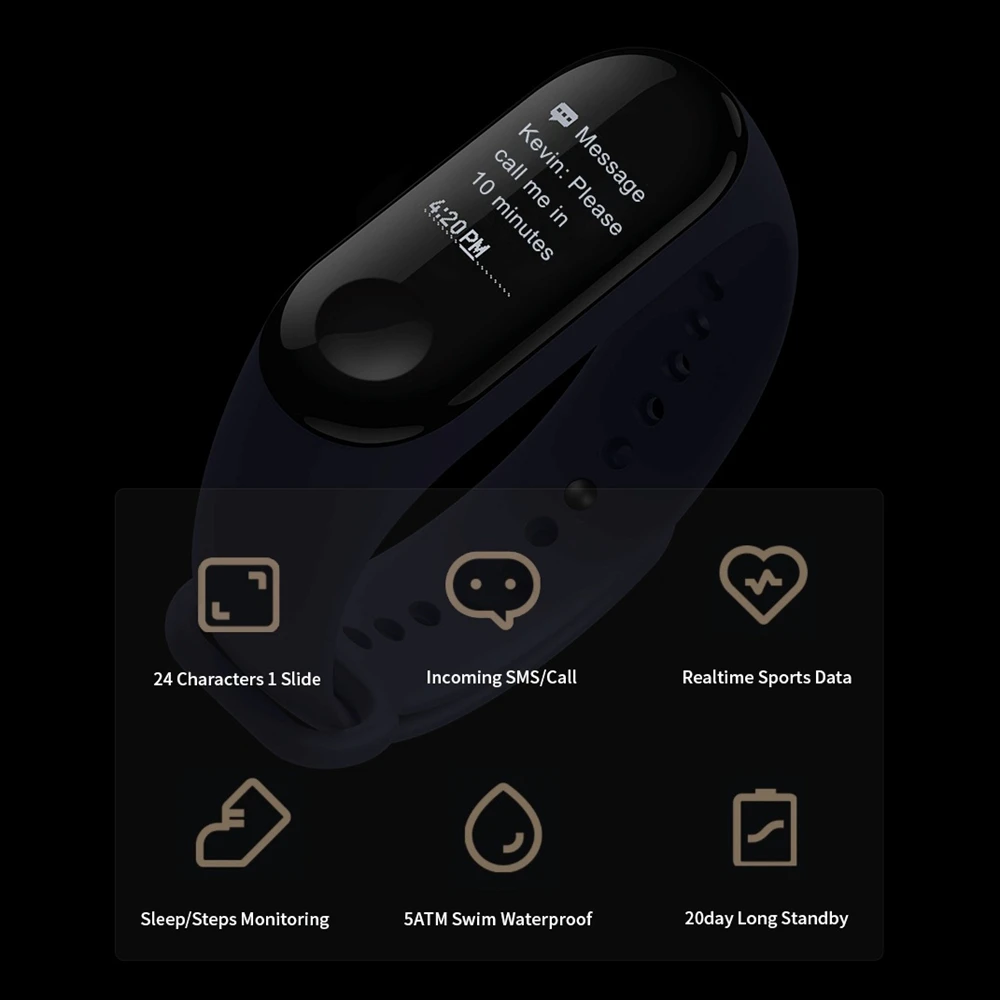 Для MiBand Band 3 Смарт-Браслет фитнес-браслет для MiBand Band 3 большой сенсорный экран OLED частота сердечных сокращений Smartband