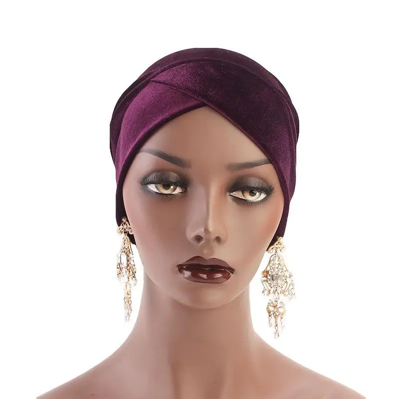Женский арабский бархатный головной шарф, мусульманская индийская шапка, тюрбан после химиотерапии, шапка, головной убор, головной платок, Шапка-бини, мусульманская шапка, одноцветная Мода - Цвет: Фиолетовый