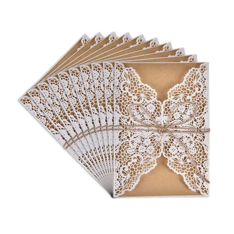  10pcs/set Hollow Lace Wedding Party Invitation Cards With Kraft Paper Inner Sheet Envelopes Hemp Ro - 4.00027E+12