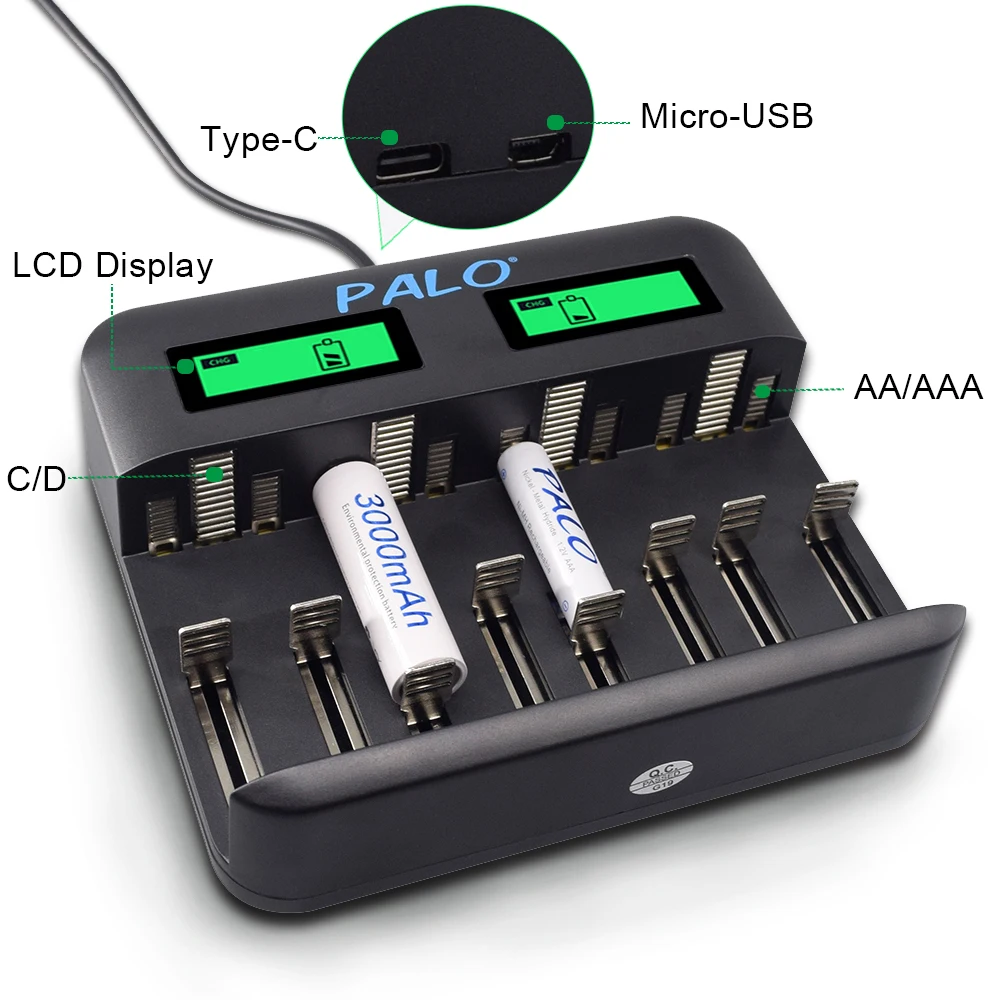 Palo 4 шт. C размер перезаряжаемая батарея NiMh+ USB быстрая зарядка C D зарядное устройство lcd для размера AA AAA SC C D батарея NiMh NiCd 1,2 в