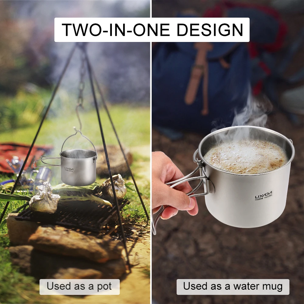  Lixada 1600ml Titanium Pot Ultralight Portable Hanging Pot with Lid and Foldable Handle Outdoor Cam