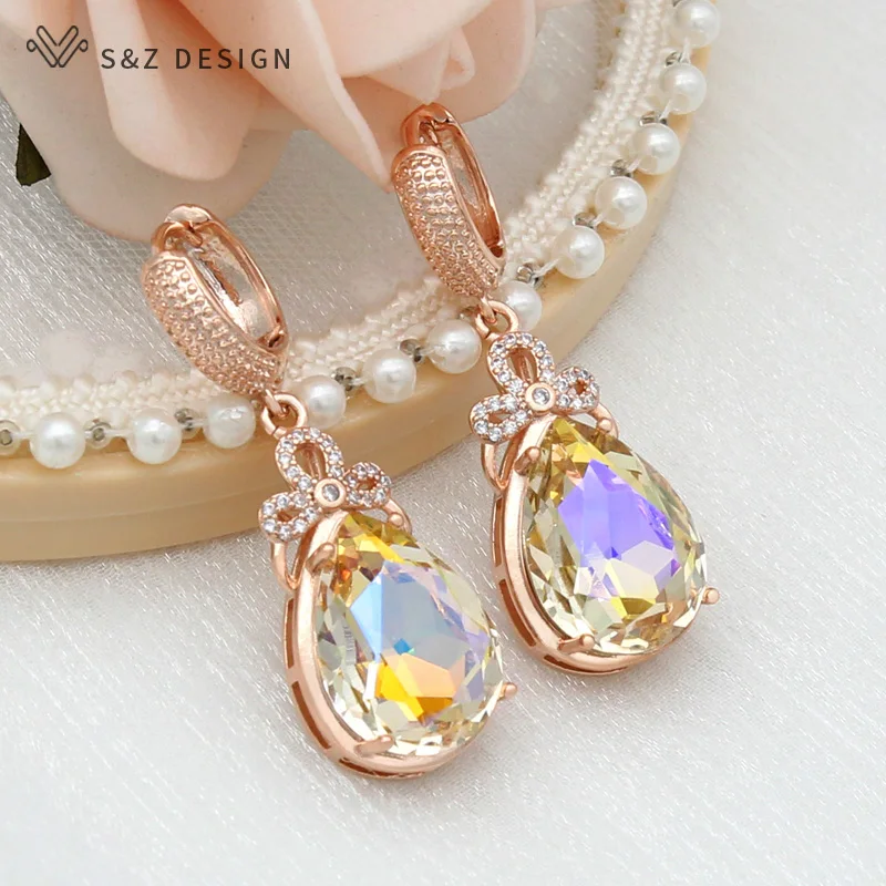 S&Z DESIGN New 2021 Fashion Luxury Cubic Zirconia Water Drop Colorful Crystal Dangle Earrings For Women Wedding Elegant Jewelry