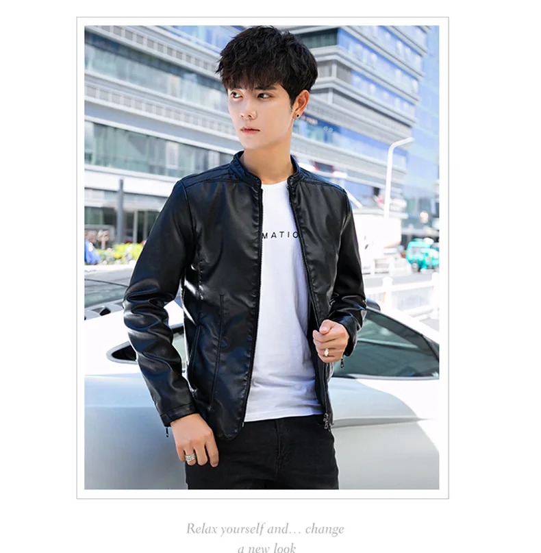 Men's Casual PU Leather Fashion Korean-style Stand Collar Teenager Leather Jacket Slim Fit Fashion plus Velvet Warm MEN'S Outerw