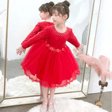 Осенне-зимнее Сетчатое платье с длинными рукавами элегантное теплое платье для девочек с цветочной аппликацией и бисером вечерние костюмы, DFAK-CX2823