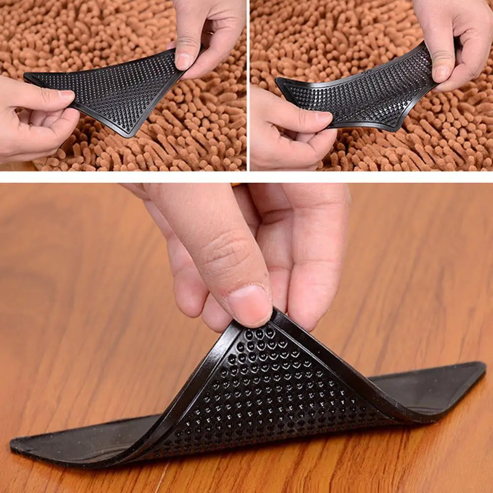 4 x Rug Carpet Mat Grippers Non Slip Anti Skid Reusable Washable Silicone Grip, Black