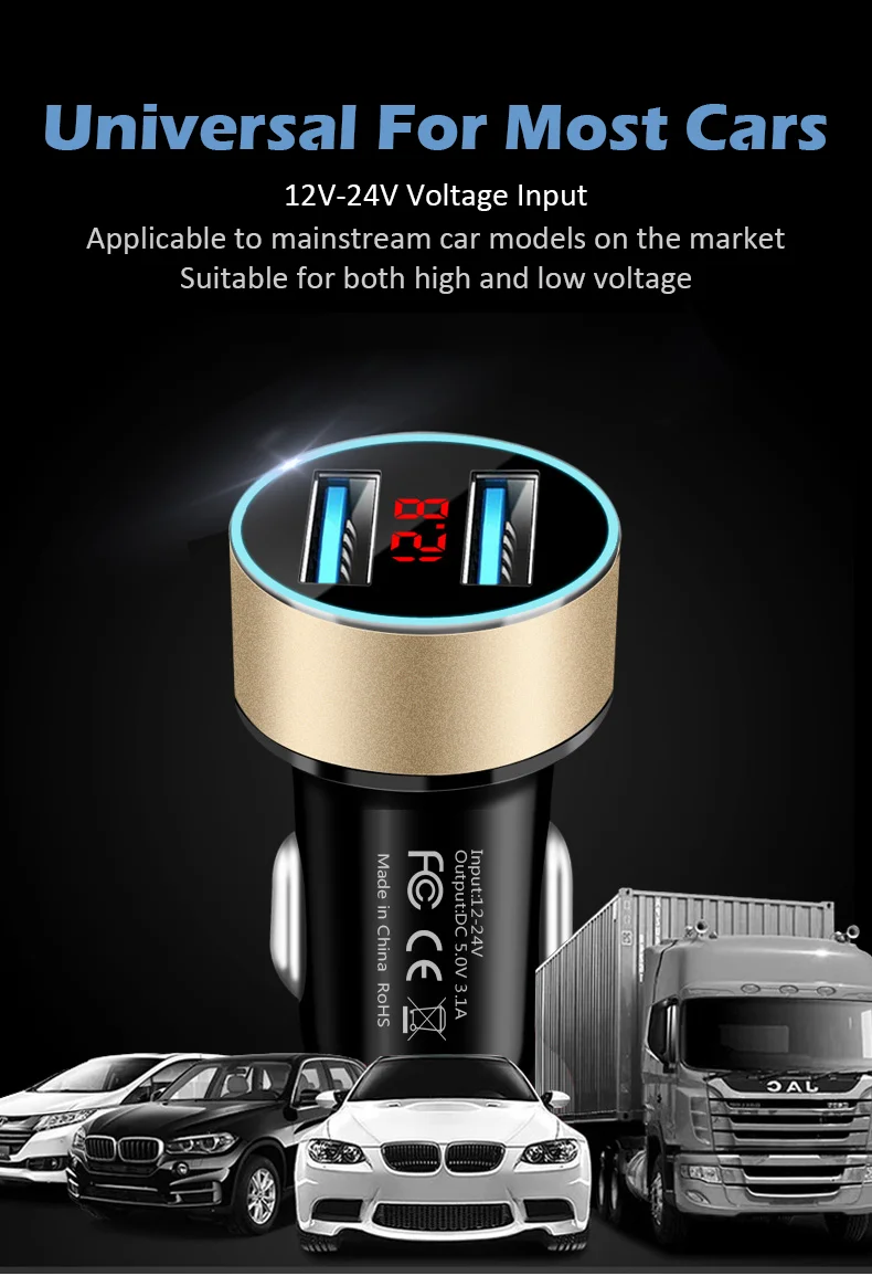 Автомобильное зарядное устройство с цифровым дисплеем Quick Charge 3,0, автомобильное зарядное устройство с двумя Usb, автомобильное зарядное устройство с контролем напряжения и тока, автомобильное зарядное устройство