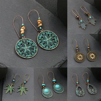 

Vintage Hollow Alloy Carved Earrings For Women Ethnic Boho Fatima Hand Round Drop Pine Leaf Flower Geometric Earrings Jewelry