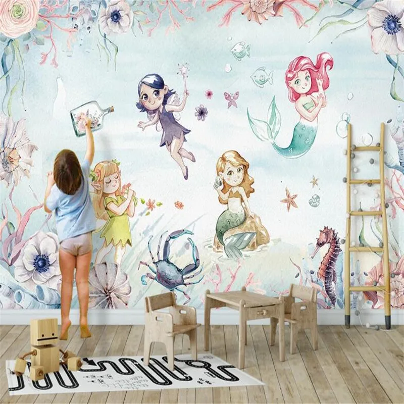 

Milofi Customized 3D Stereo Wallpaper Mural Underwater World Cute Elf Mermaid Girl Children's Room Background Wallpaper Mural