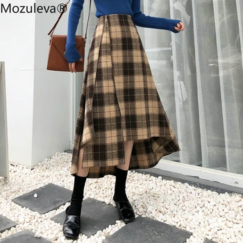 

Mozuleva Women Vintage Chic Plaid Skirts Autumn Winter High Waist Split Irregular Hem Female Woolen Skirts Loose A-line Skirts