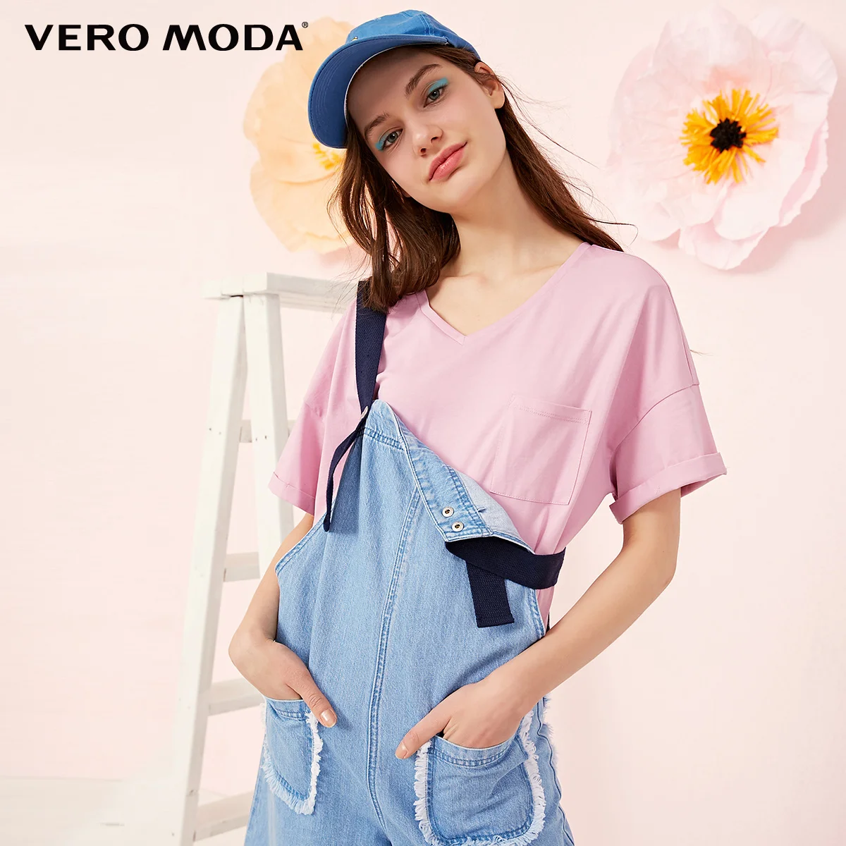 Mauve mist Vero Moda Женская футболка из хлопка с v-образным вырезом свободного кроя чистого цвета | 319101545 - Цвет: Mauve mist