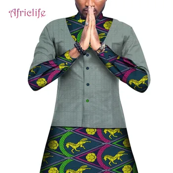 

WYN648 Men African Clothing Dashiki Men Top Shirt Bazin Riche African Men Clothes 100% Cotton Print Patchwork Button Long Shirt