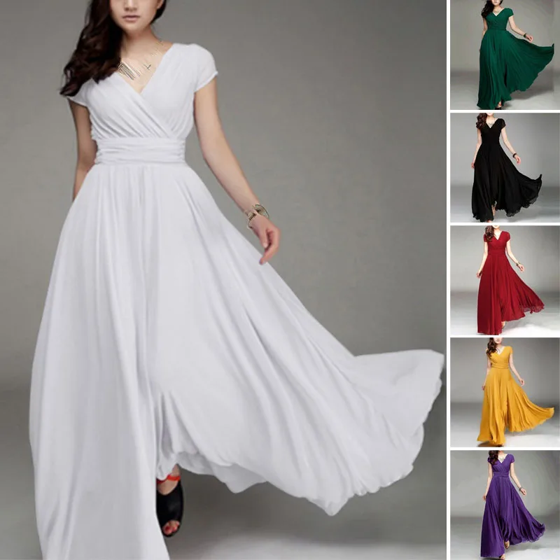 Женское летнее вечернее платье с v-образным вырезом и коротким рукавом, большие размеры, модное Дамское Платье, Платье Макси