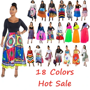 

18Colors African Traditional Style Clothing Woman Fashion Printed Party Dashiki Pleated Skirt Lady Summer Boho Bain Riche Dress