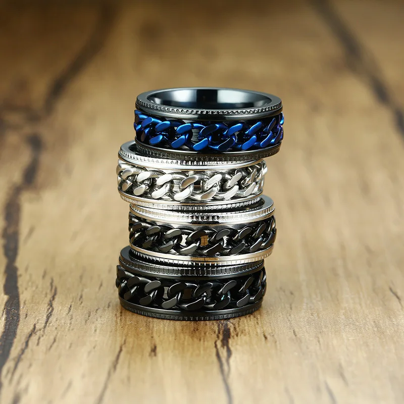 Мужские черные кольца с синим центром, 8 мм, кольцо Spinner, нержавеющая сталь, Reliever Worry, обручальное кольцо, мужские украшения