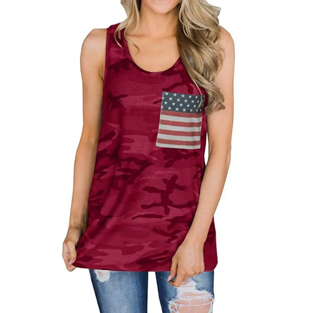 Summer Casual Women American Flag Patch Pocket Camouflage Tank Top Loose Vest Ladies Fashion