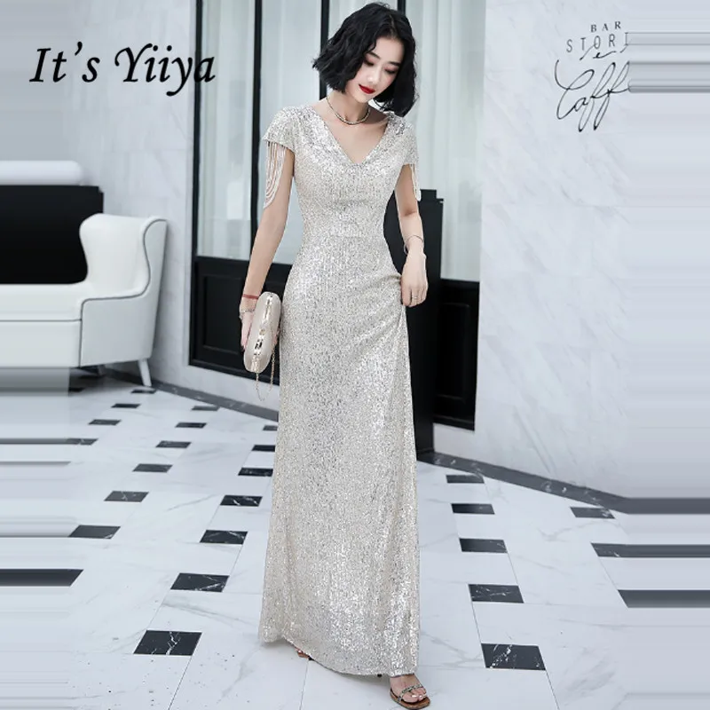 

It's Yiiya Evening Dresses V-neck Sequins Evening Dress Elegant Mermaid Short Sleeve Formal Gowns Long robe de soiree LF049