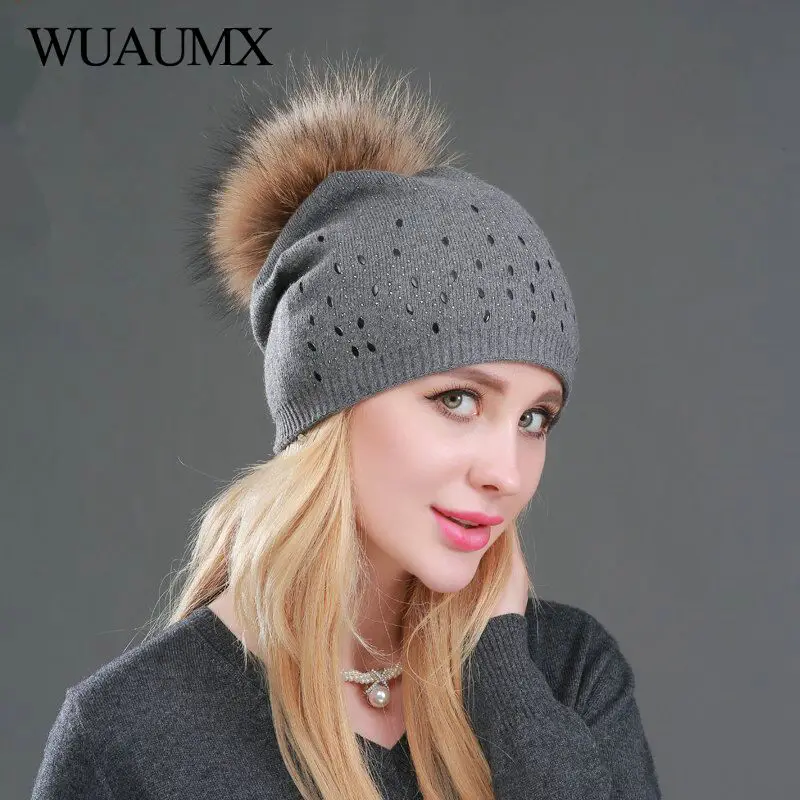 Wuaumx/женские зимние шапки с помпоном; двухслойная шерстяная вязаная шапка; однотонная Шапка-бини с помпонами; Осенняя шапка для девочек; женская шапка