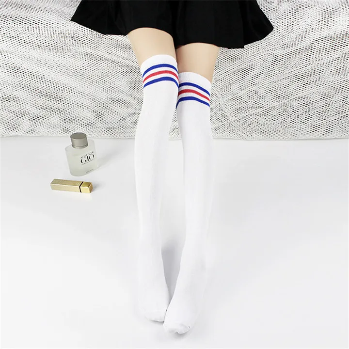 Полосатые носки, гетры, вязаные, с тремя полосками, черные и белые, хлопковые, комбинированные, женские, длинные носки, тонкие, выше колена, носки - Цвет: 19