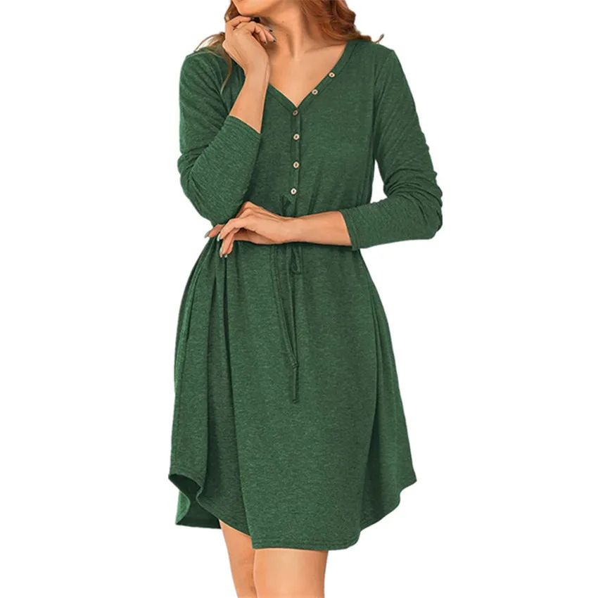 Women Dress Autumn Winter Solid Color V-neck Fashion Long-sleeve Button Belt Ladies Dress