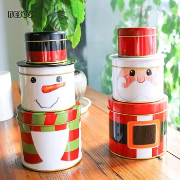 

Wholesale Christmas Eve Three Layer Cartoon Santa Claus Design Iron Box Candy Chocolate Christmas Tree Decorated Iron Gift Box