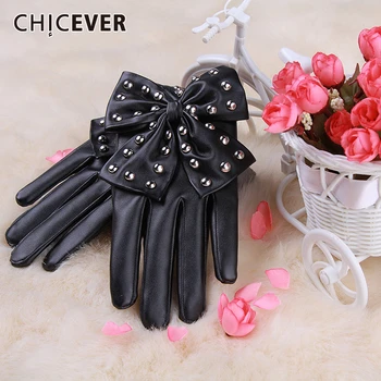 

CHICEVER Synthetic Leather Gloves Women Patchwork Big Bow With Rivets Spring Autumn Fashion Accessories 2020 New