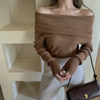 

3 colors 2020 spring and autumn sexy solid color off shoulder tops womens sweaters and pullovers womens (R99949)