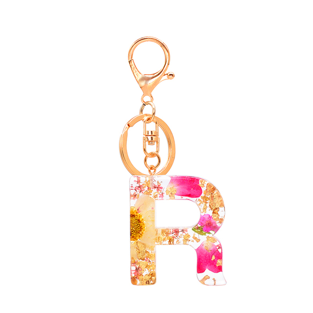 Dried Flower Letter Keychain Creative Colorful 26 English Letter Initial Resin Handbag Keyring Accessories For Women