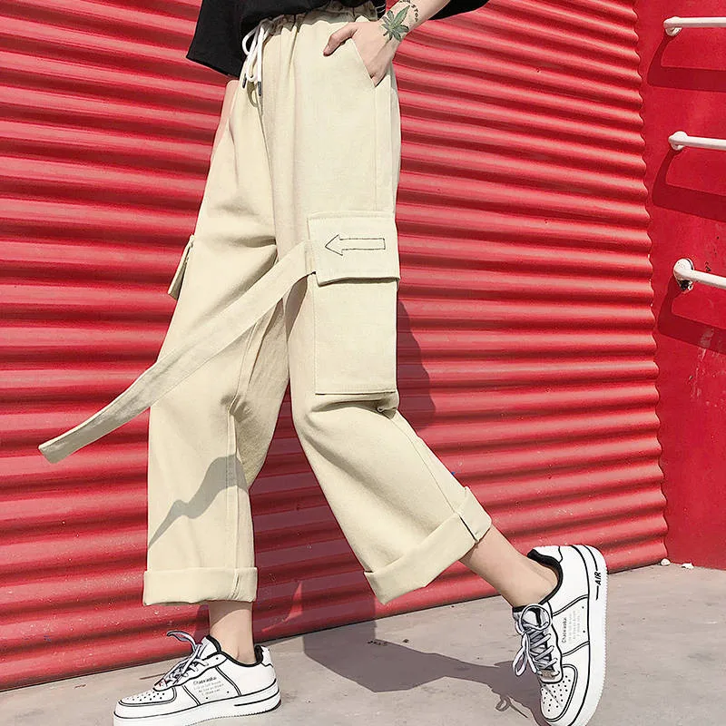 Высококачественные женские брюки-карго цвета хаки, свободные женские брюки с высокой талией, Японские Женские брюки, японские брюки Харадзюку с карманом