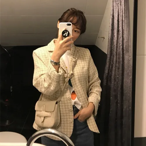 

South Korea Early Autumn New Style Elegant Retro Mixed Line Graceful Pattern Weaving Fold-down Collar Suit Jacket