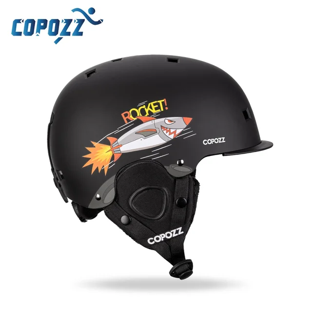 Black kids ski helmet with rocket graphic, padded ear covers and adjustable chin strap