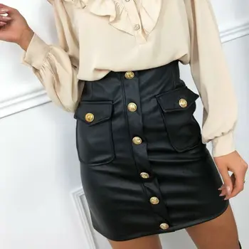 

Fashion Women Faux Leather Skirt 2020 Women High Waist Button Mini Skirt Bodycon Pencil Skirts